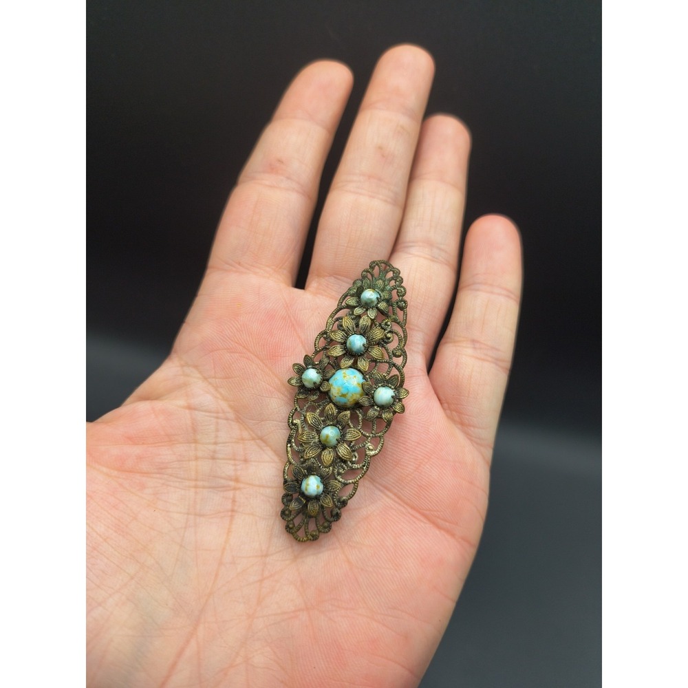 Vintage 1920-30s Czech Brass Filigree Brooch Pin Turquoise Glass Cabochons Art - Picture 2 of 9